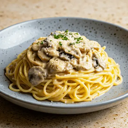 Pasta con pollo y champiñones